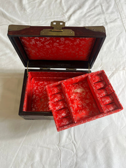 Boîte à Bijoux Chinoise Ancienne Bois Laiton Pierre Jade Coffret Asiatique