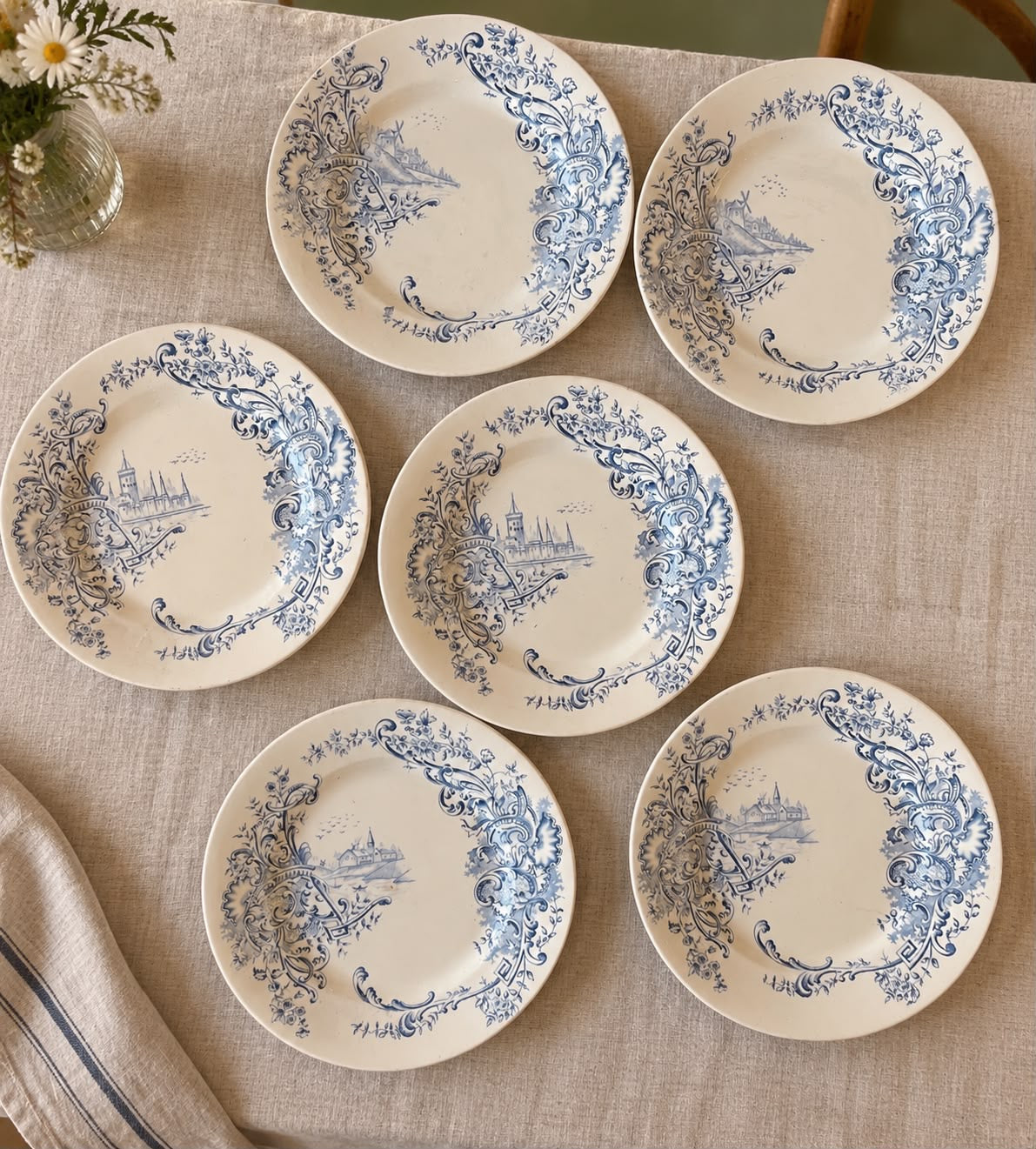 lot de 6 assiettes Salins Louis XV terre de fer décor bleu fin XIXe