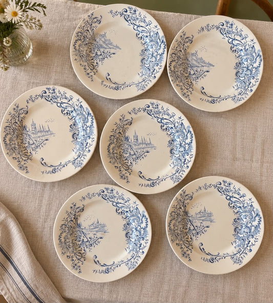 lot de 6 assiettes Salins Louis XV terre de fer décor bleu fin XIXe