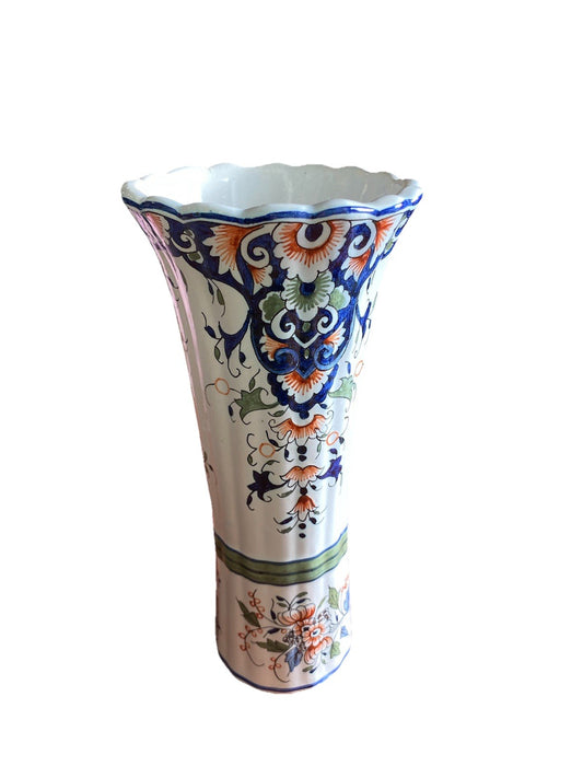 Vase faïence décor Rouen peint main – forme évasée col festonn
