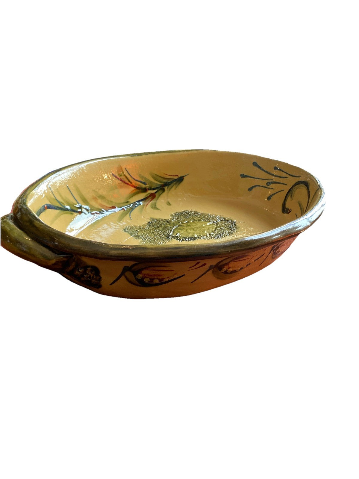 Plat ovale ancien en céramique – Décor végétal – Travail artisanal