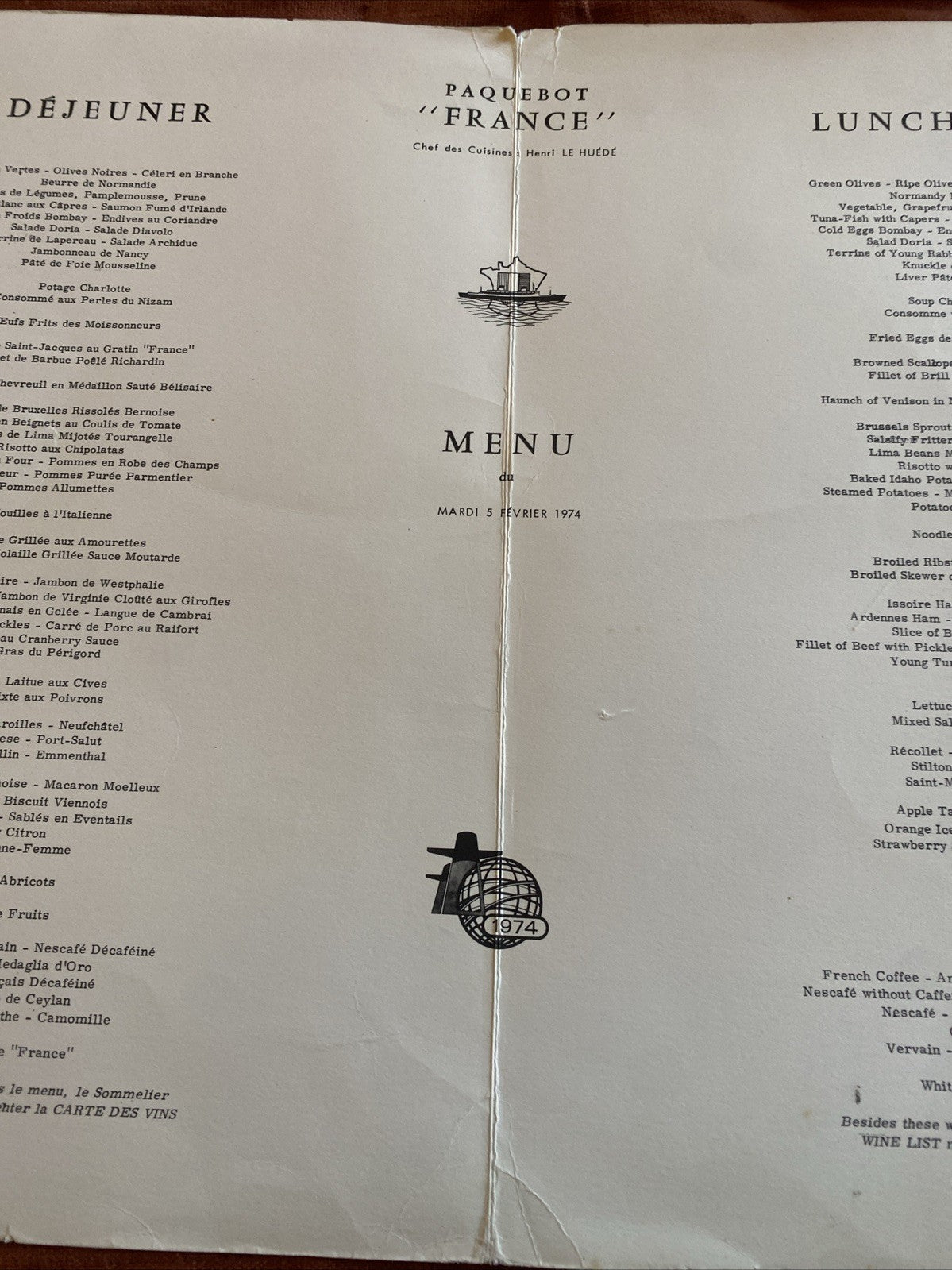 Menu Du Paquebot France Du 5 Février 1974