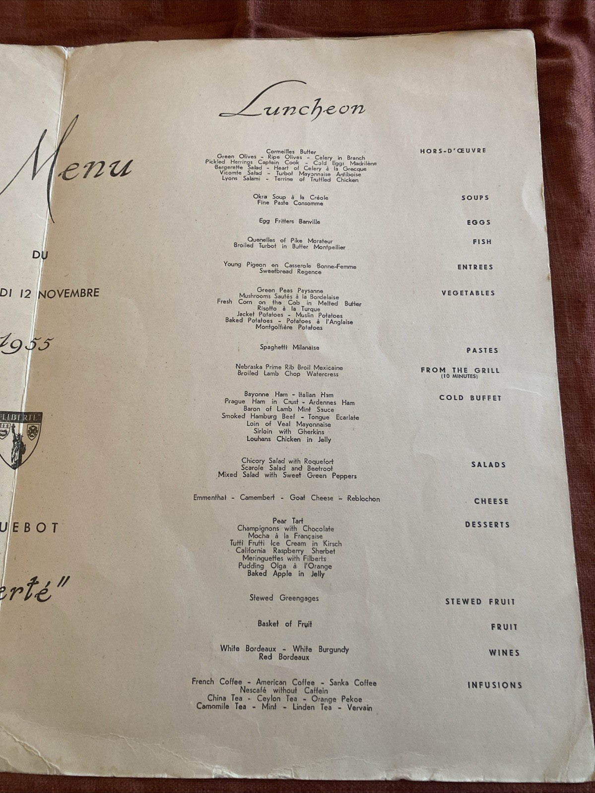 Menu Du Paquebot « Liberté » Du Samedi 12 Novembre 1955
