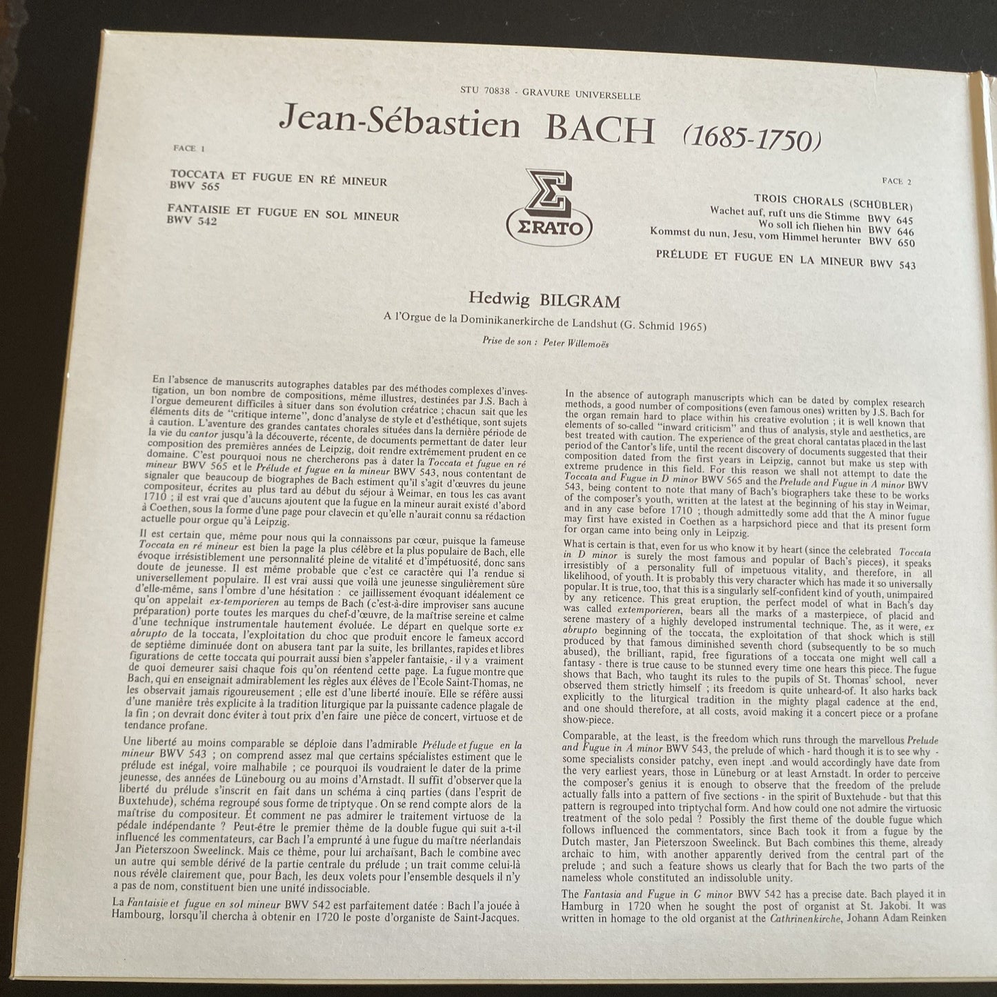 Vinyle 33T Bach Toccata et Fugue Hedwig Bilgram orgue