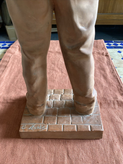 Statue ancienne en terre cuite – Jeune homme – Signée C. Massé