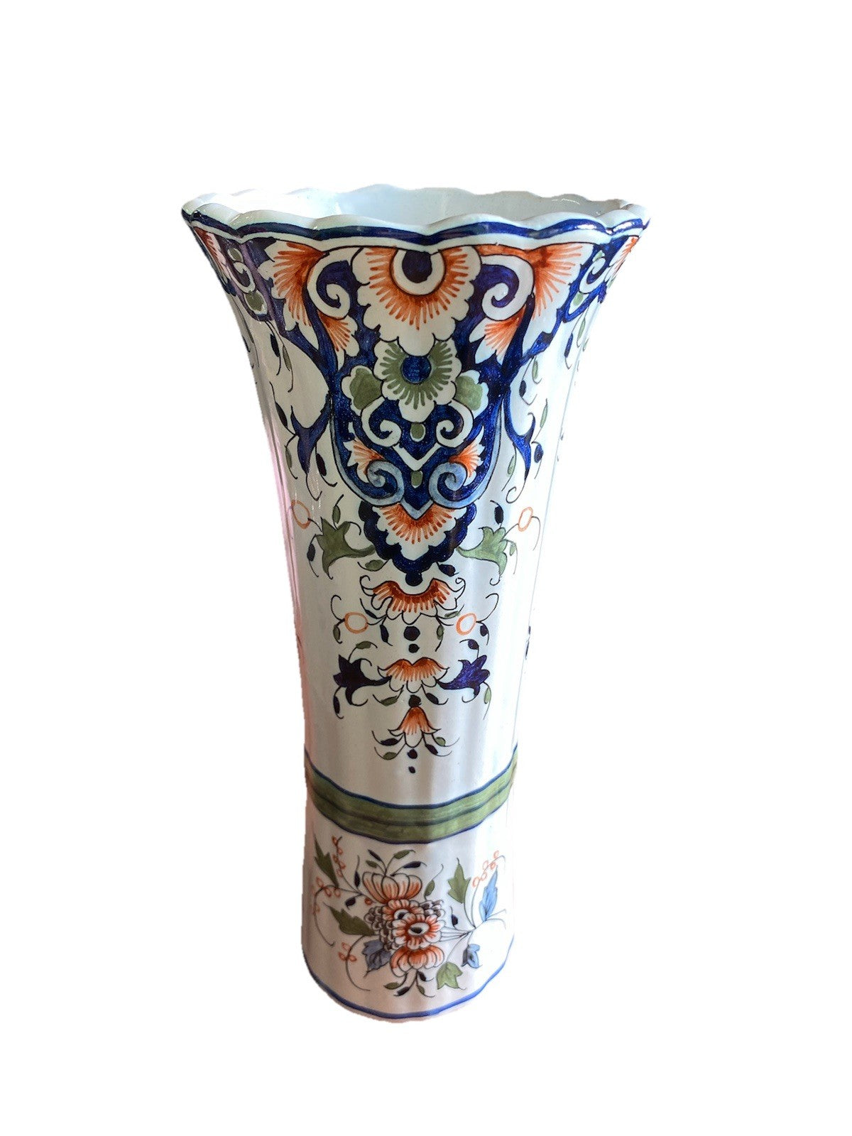 Vase faïence décor Rouen peint main – forme évasée col festonn