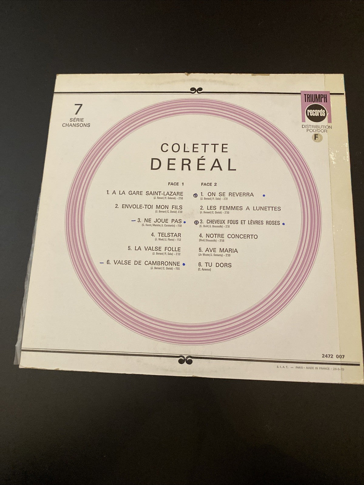 Vinyle Colette Deréal – 7 Sérénades Chansons (Triumph Records)