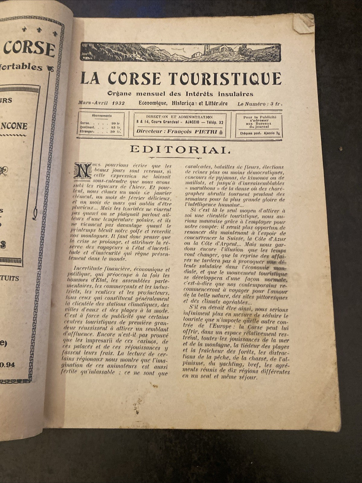La Corse Touristique 1929 revue ancienne pub Ajaccio Soieries Lyonnaises