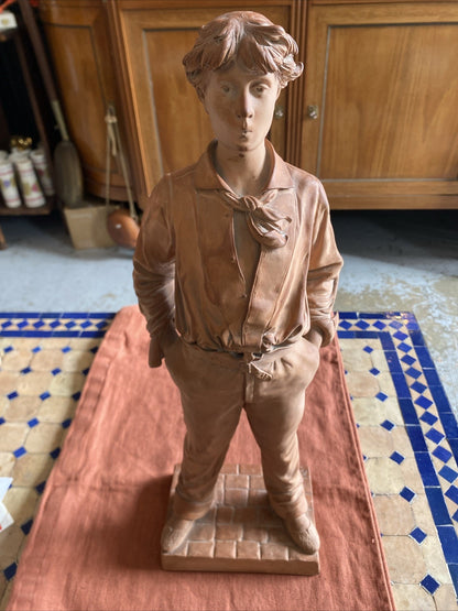 Statue ancienne en terre cuite – Jeune homme – Signée C. Massé