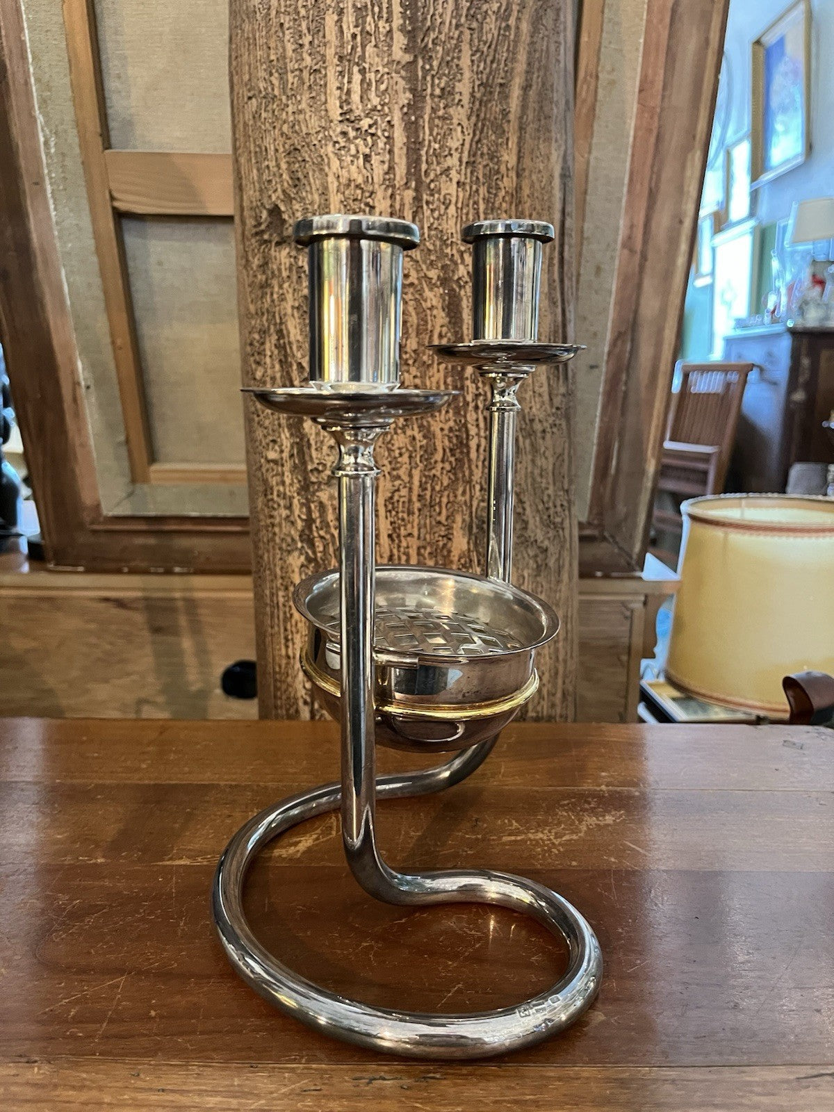 Chandelier Double Bougie En Métal Argenté Avec Cendrier