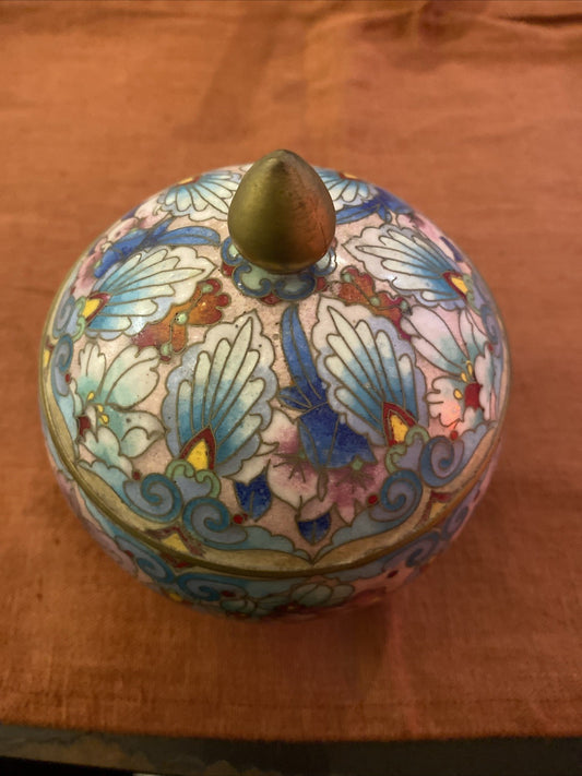 Pot Bonbonnière Cloisonnée  Émaillée Chinoise Décor Floral Polychrome