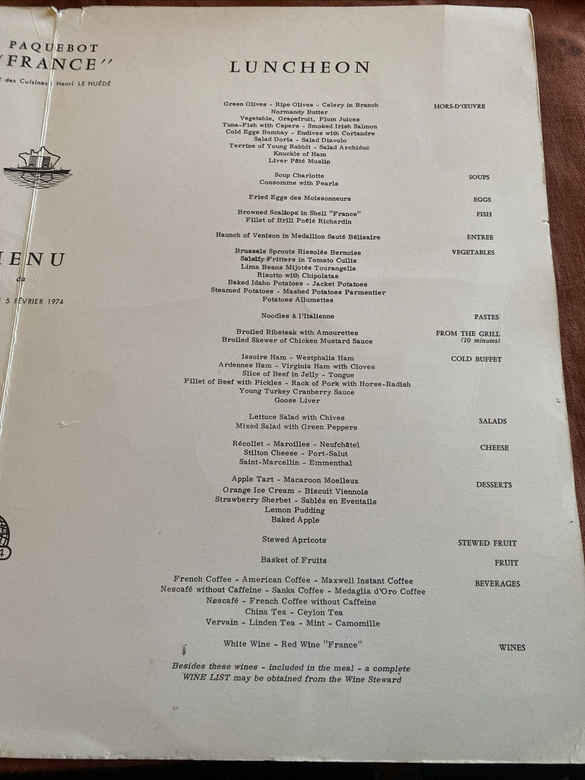 Menu Du Paquebot France Du 5 Février 1974