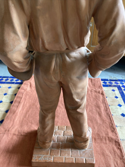 Statue ancienne en terre cuite – Jeune homme – Signée C. Massé