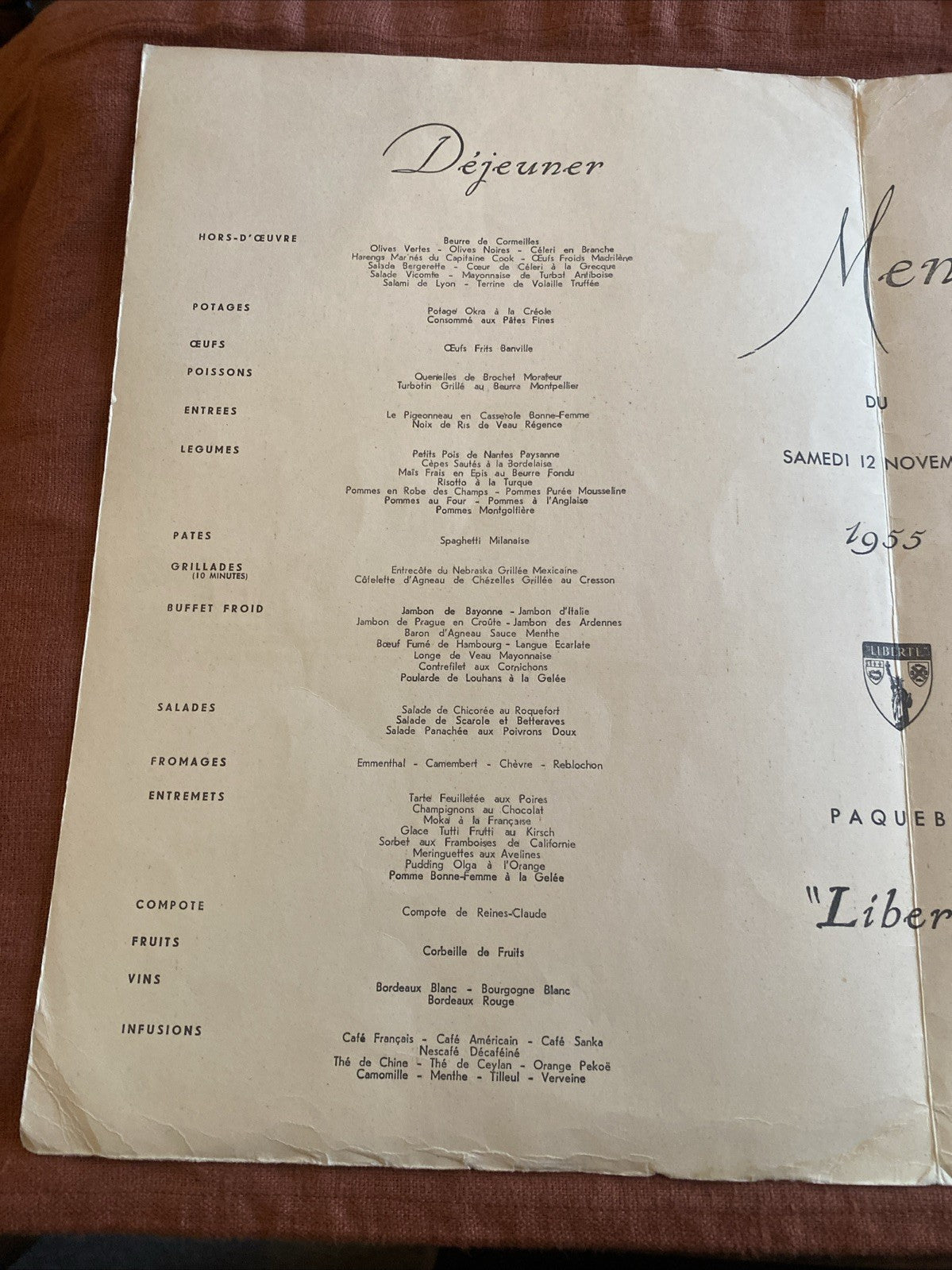 Menu Du Paquebot « Liberté » Du Samedi 12 Novembre 1955