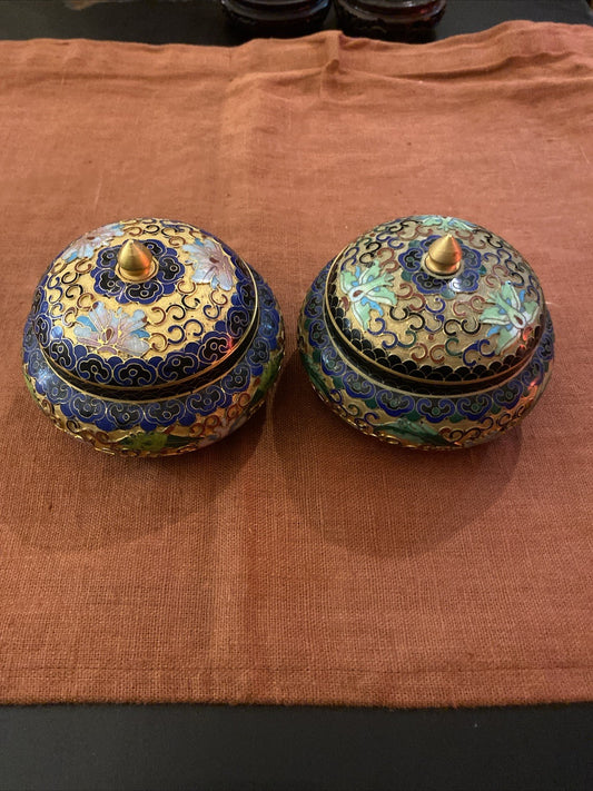 Paire De Pot Bonbonnière Chine Cloisonnées Polychrome