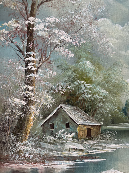 Tableau Peinture Paysage Lac Signé Encadrement Bois Doré