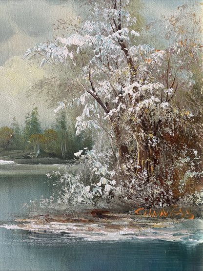 Tableau Peinture Paysage Lac Signé Encadrement Bois Doré