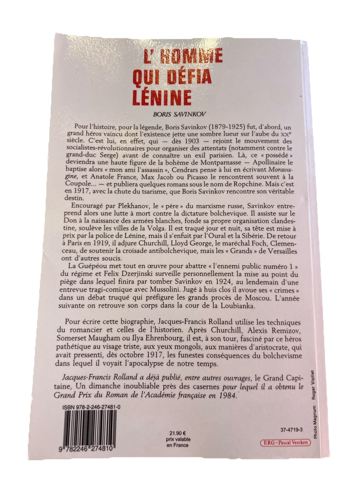 L'homme qui défia Lénine par Boris Savinkov - arrière de la couverture de l'essai historique.