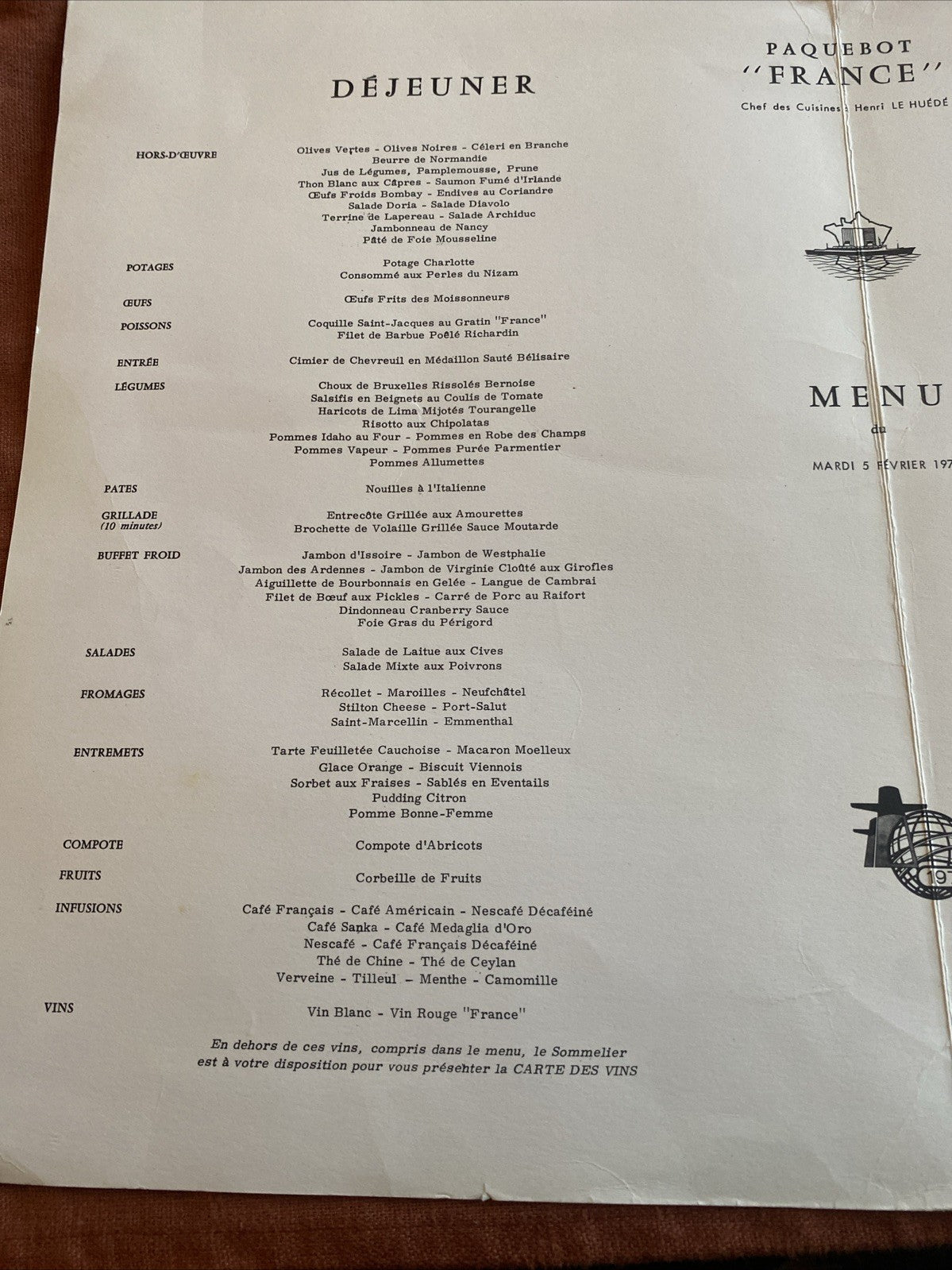 Menu Du Paquebot France Du 5 Février 1974