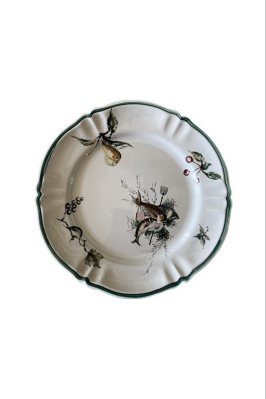 Assiette vintage à décor de poisson et fruits peint main