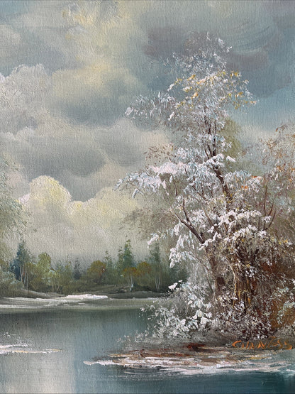 Tableau Peinture Paysage Lac Signé Encadrement Bois Doré