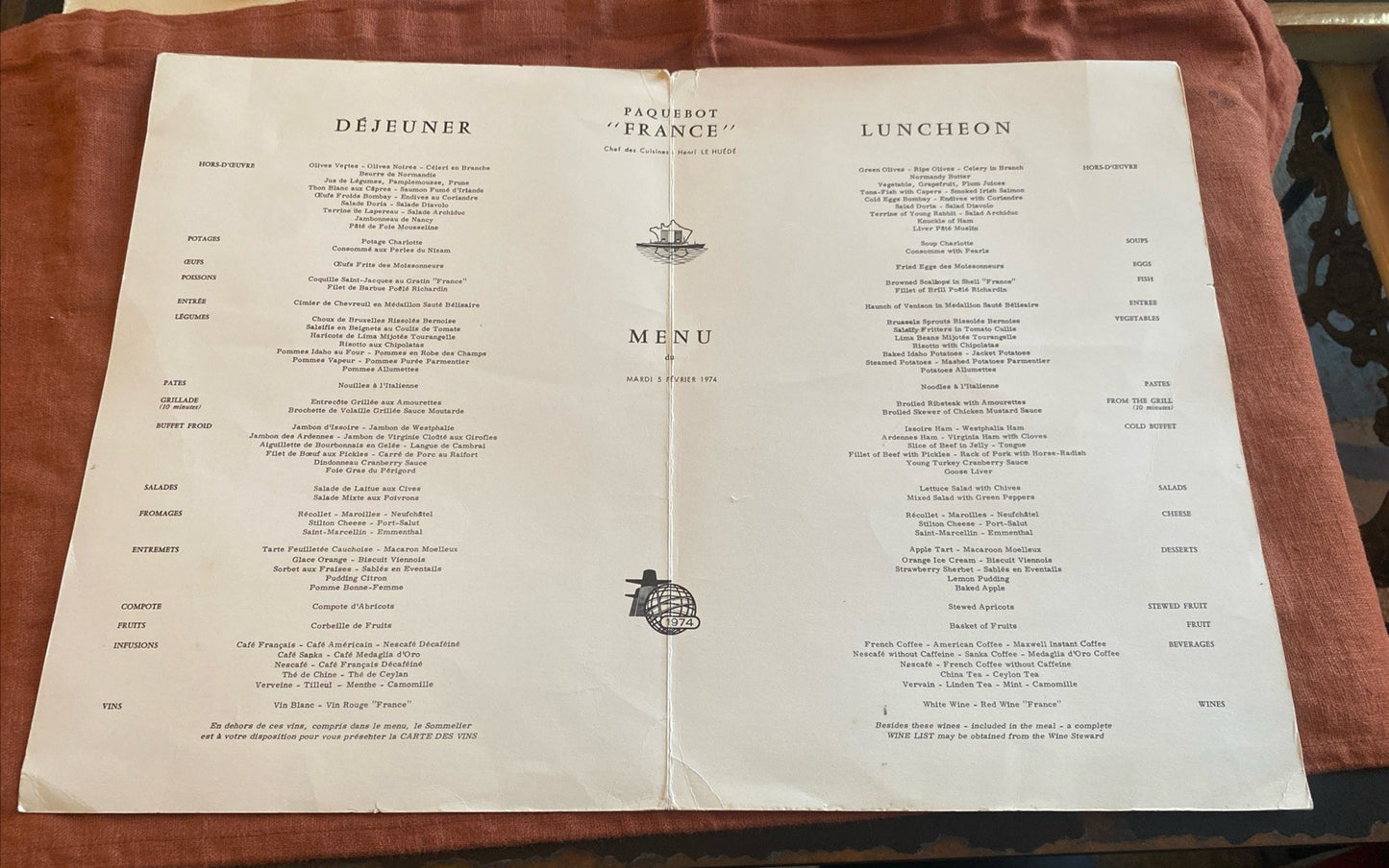 Menu Du Paquebot France Du 5 Février 1974