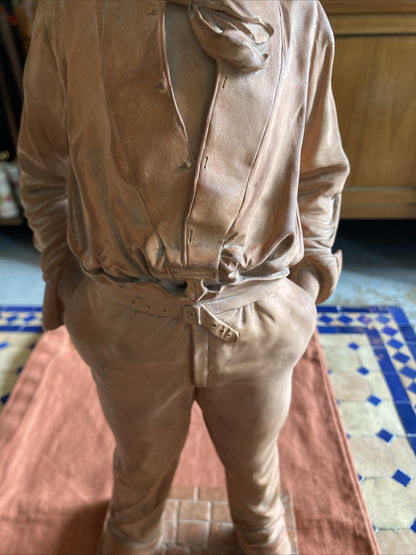 Statue ancienne en terre cuite – Jeune homme – Signée C. Massé
