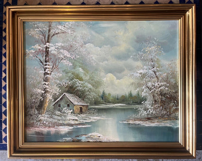 Tableau Peinture Paysage Lac Signé Encadrement Bois Doré