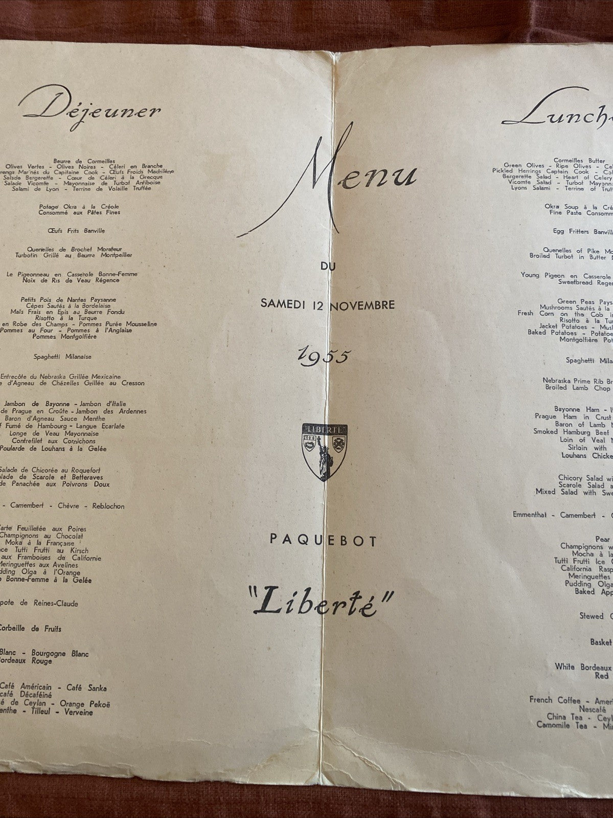 Menu Du Paquebot « Liberté » Du Samedi 12 Novembre 1955