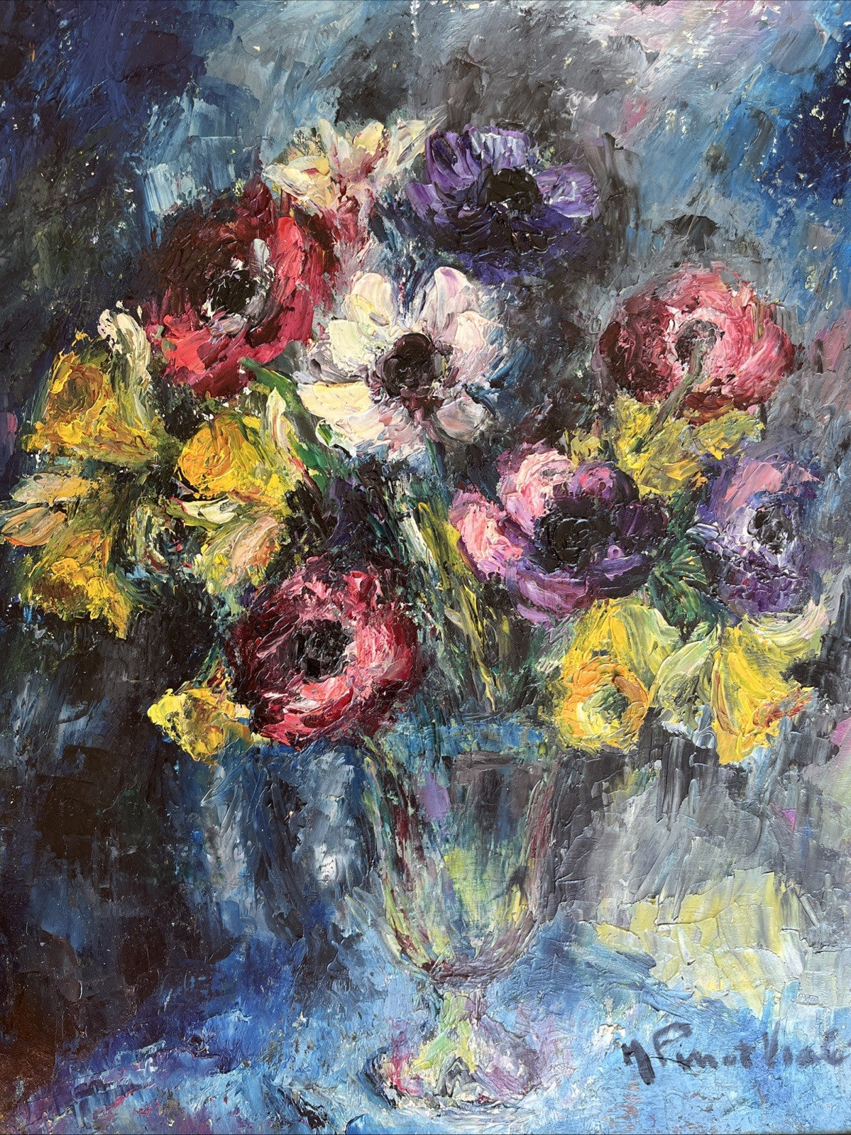 Peinture À L’huile Bouquet De Fleurs Signée M Pinot Vialet