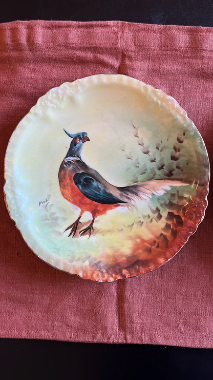 Paire assiettes Limoges peintes main faisans signées Fredy 24,5 cm