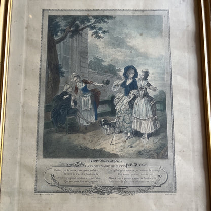 gravure ancienne encadrement doré La Promenade Du Matin 1774