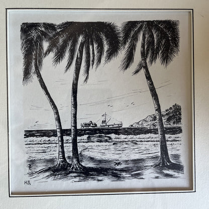 Dessin À L’encre Paysage Marin Palmier Signé H.B. Avec Encadrement