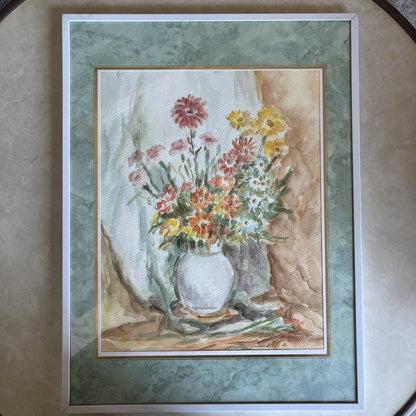 peinture aquarelle Bouquet De Fleurs Signé Sampieri Avec Encadrement