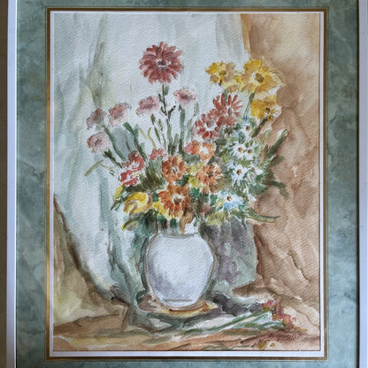 peinture aquarelle Bouquet De Fleurs Signé Sampieri Avec Encadrement