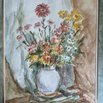 peinture aquarelle Bouquet De Fleurs Signé Sampieri Avec Encadrement