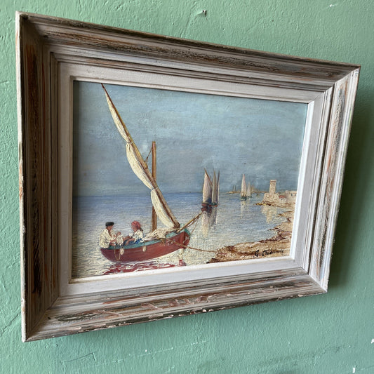 Tableau Huile Sur Bois Signé À Déterminer Paysage Maritime Bateau De Pêche