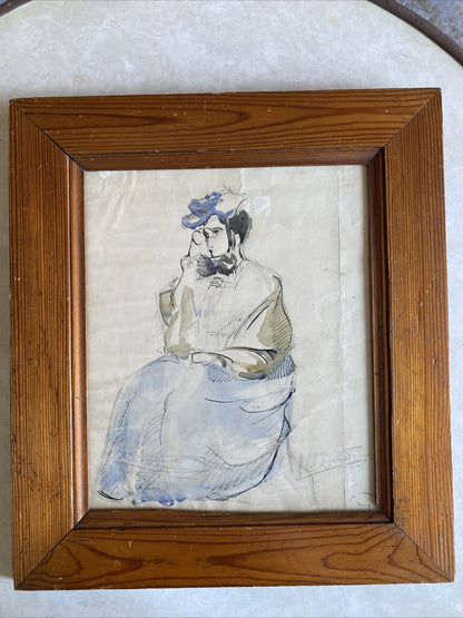 Dessin Aquarelle Ancien D’une  Femme Signé A Déterminer Encadrement Bois