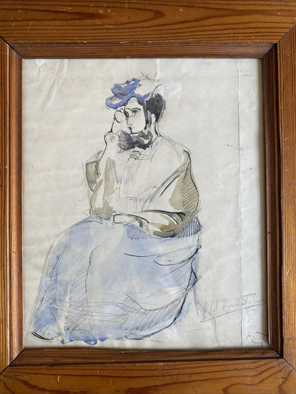 Dessin Aquarelle Ancien D’une  Femme Signé A Déterminer Encadrement Bois