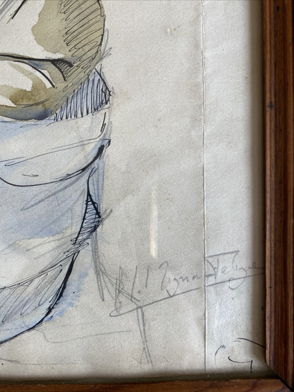 Dessin Aquarelle Ancien D’une  Femme Signé A Déterminer Encadrement Bois