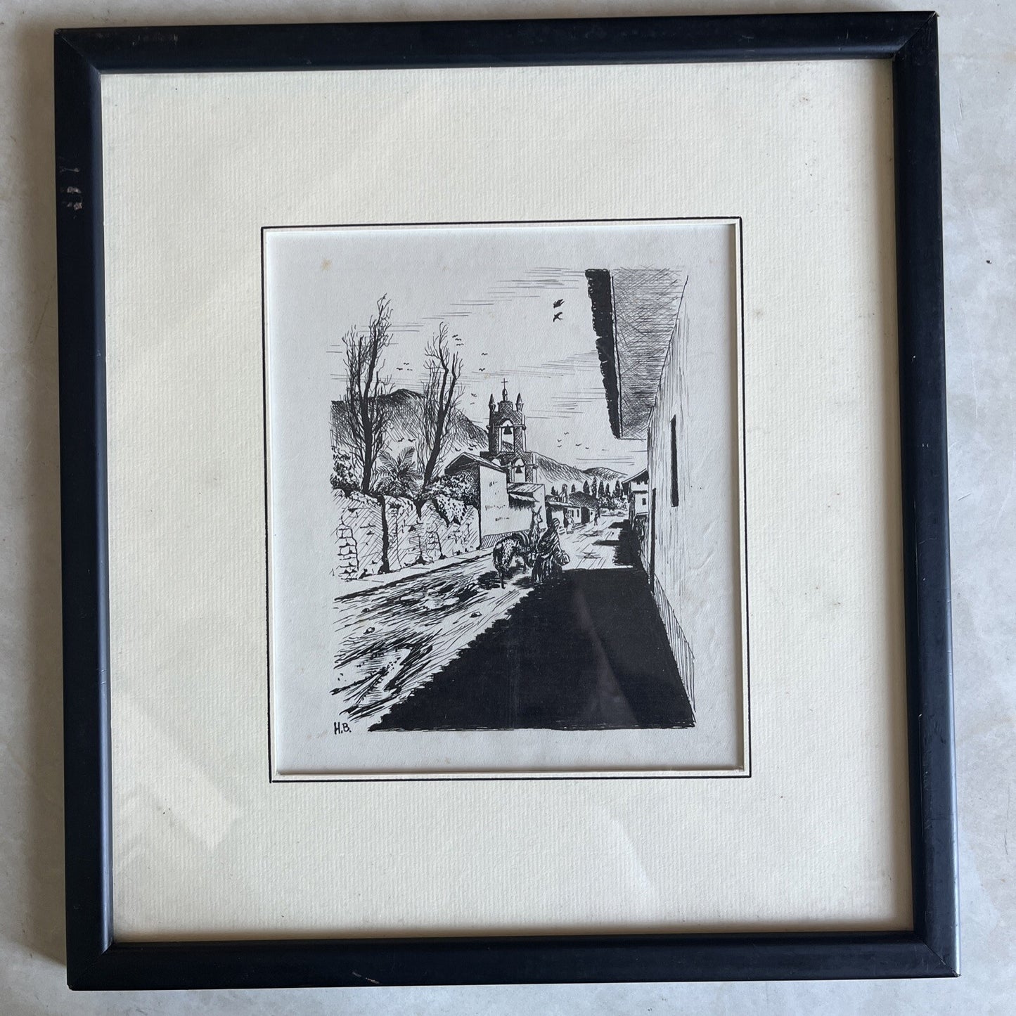 Dessin À L’encre Encadré Signé H.B