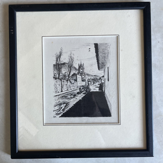 Dessin À L’encre Encadré Signé H.B
