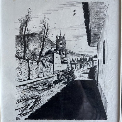 Dessin À L’encre Encadré Signé H.B