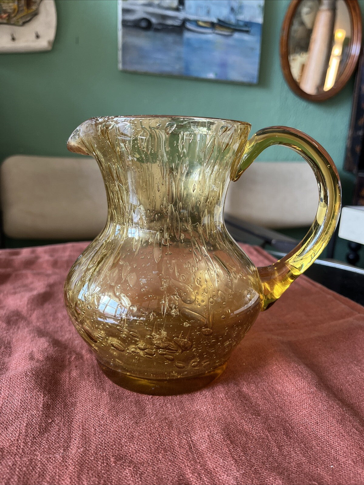 Pichet A Eau/orangeade Verre Soufflé Bullé Jaune Vintage