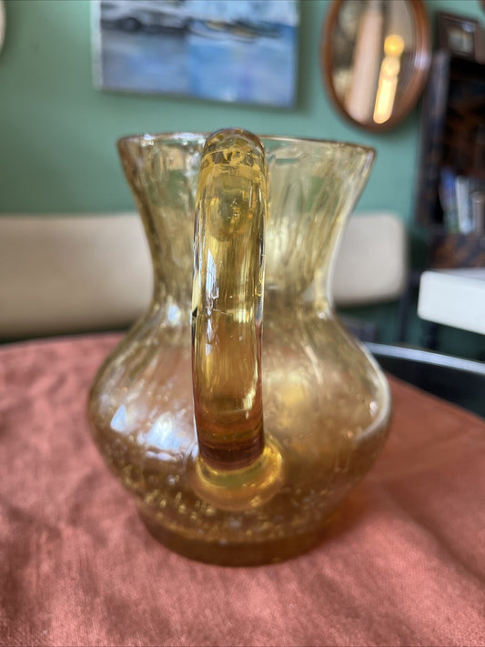 Pichet A Eau/orangeade Verre Soufflé Bullé Jaune Vintage