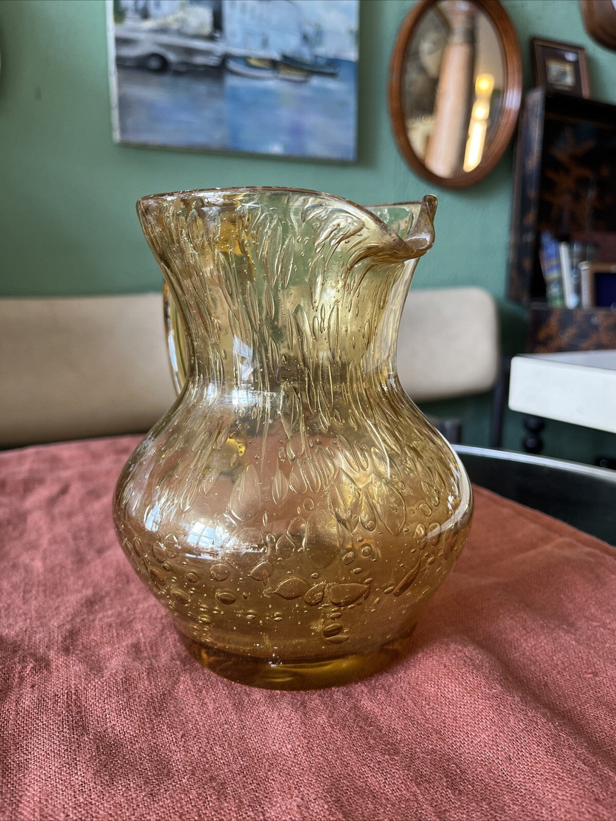 Pichet A Eau/orangeade Verre Soufflé Bullé Jaune Vintage