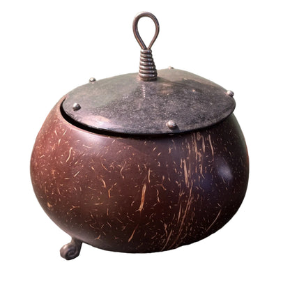 boîte à thé ancienne En Noix De Coco Métal Argenté Et Couvercle En Nacre