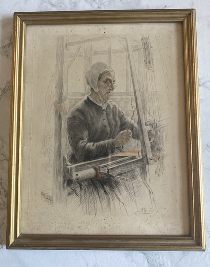 Eugène DECISY (1866-1936) - Gravure " La fileuse " Encadrement Doré