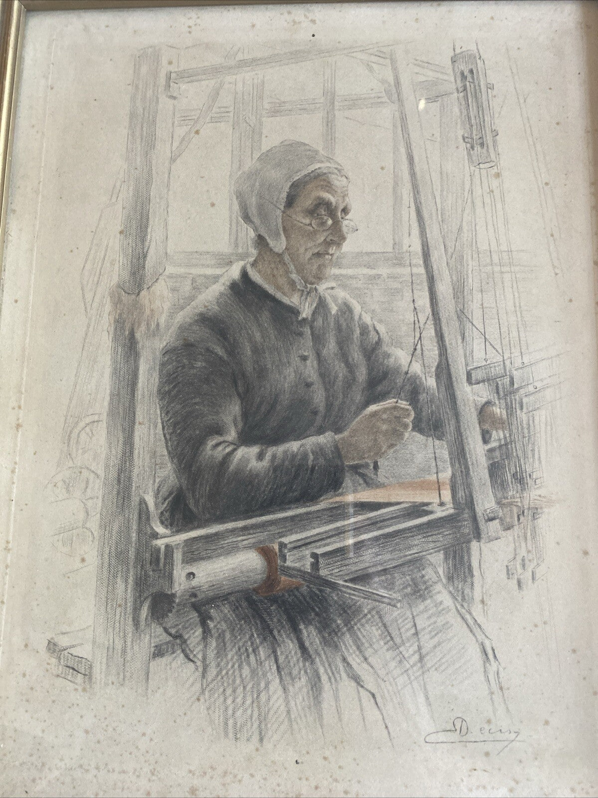 Eugène DECISY (1866-1936) - Gravure " La fileuse " Encadrement Doré