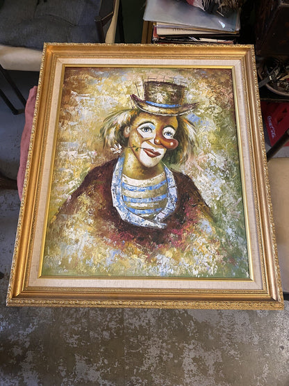 Tableau  Huile Sur Toile Portrait De Clown Encadrement Bois Doré